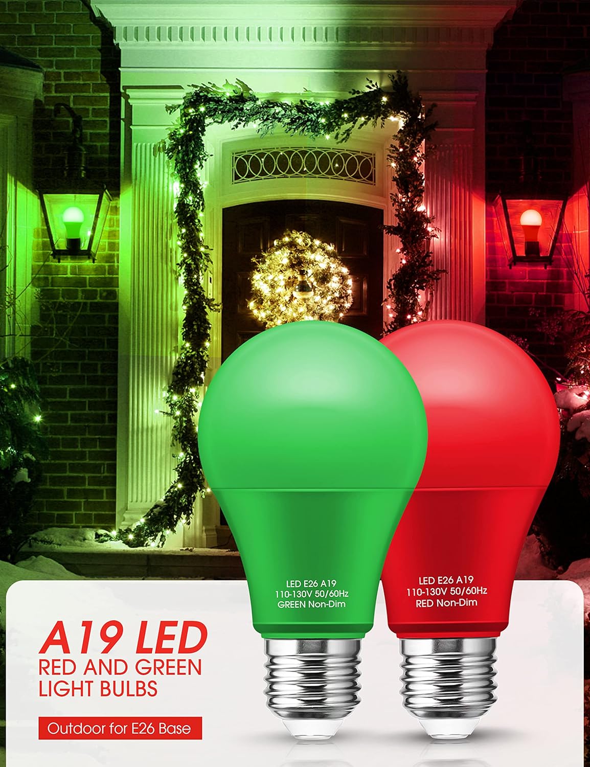 Red Light Bulbs Green Light Bulbs [4 Pack] - A19 LED Red and Green Bulbs 9W (60W Equivalent) - E26 Base Colored Light Bulb for Christmas Party Porch Decor