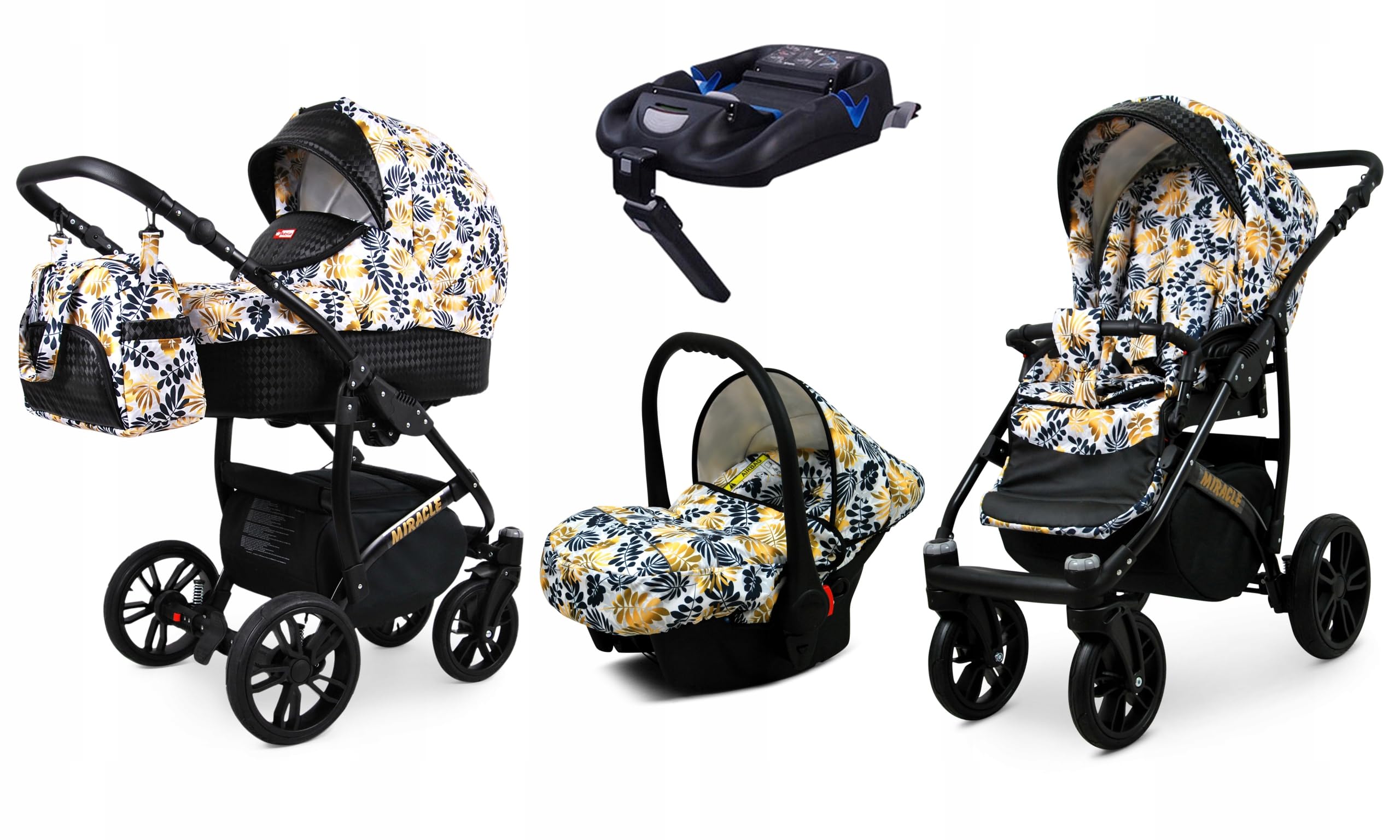 BabyLux Zestaw wózków dziecięcych 4 w 1 – Miracle – w zestawie wanienka dla niemowląt, fotelik sportowy, fotelik samochodowy, stacja bazowa ISOFIX – fotelik samochodowy – zestaw wózków dziecięcych