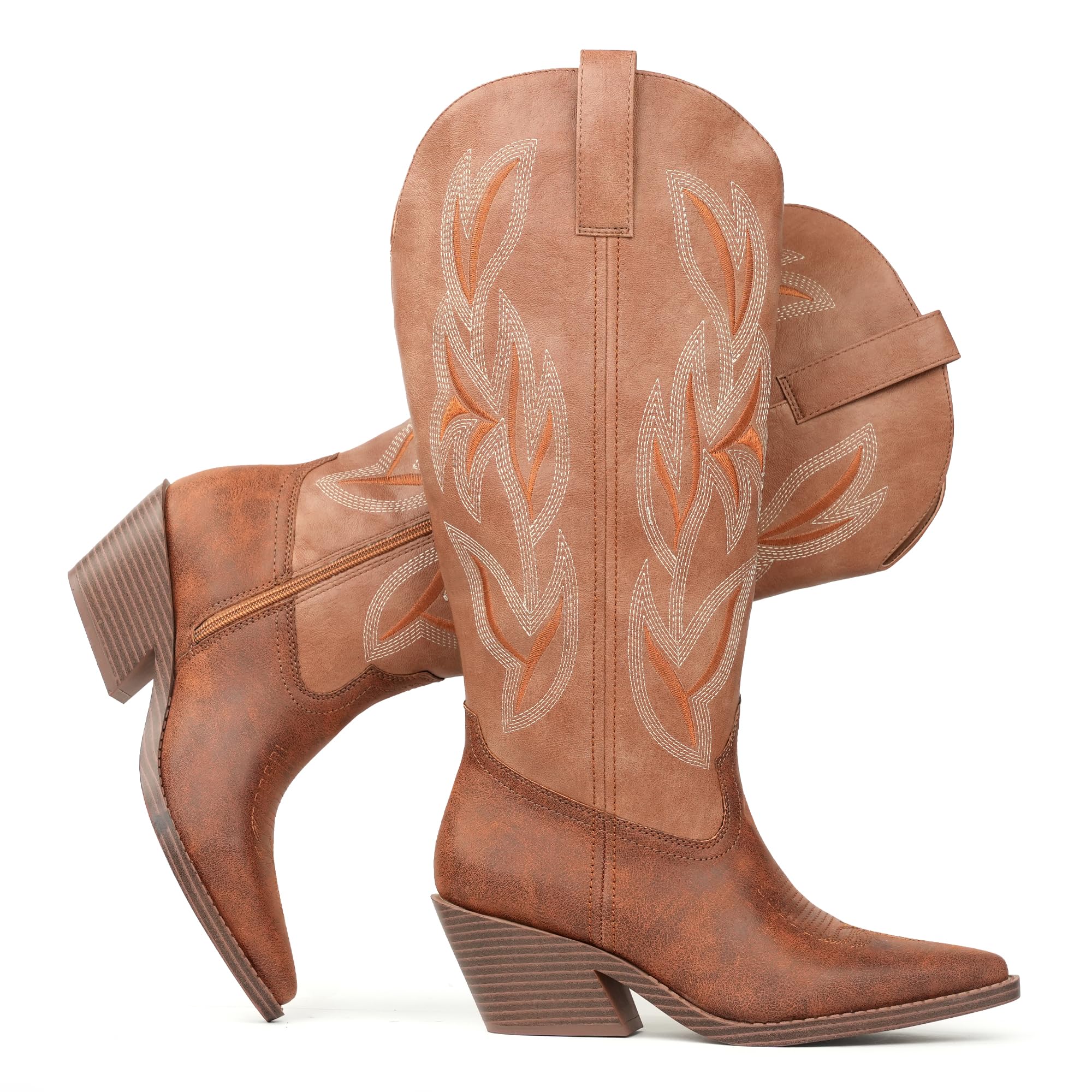 Hawkwell Bottes de Cowboy pour Femme Hautes – Santiags à Talon Bloc avec Broderies – Bottes Western en Simili Cuir avec Fermeture Éclair, Style Rétro Country