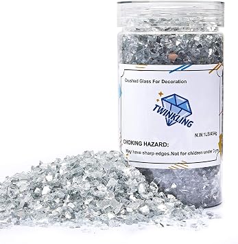 TWINKLING High Luster Fire Glass Gravel Stone Glitter,Broken Glass,Fire Gems Chips,Crushed Glass for Fire Pit Crafts Resin Art Aquarium Garden Decoration,3-6mm,1-Pound Jar Mirror
