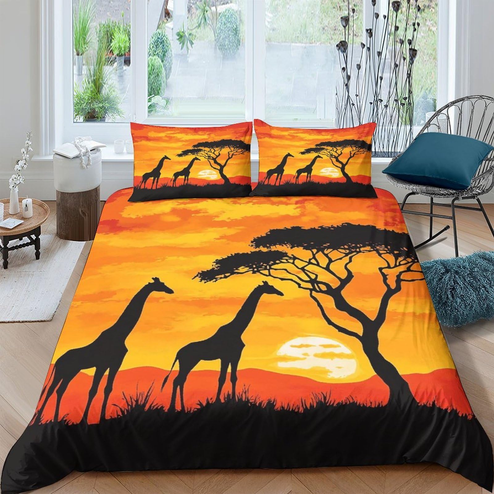 Ctjqhvkz Style-9 3D Printed African Sunset Fitted Sheet Microfiber Soft Giraffe Silhouette Bed Cover For Bedroom Decor Dorm Mattress Protection Single（135X200cm）