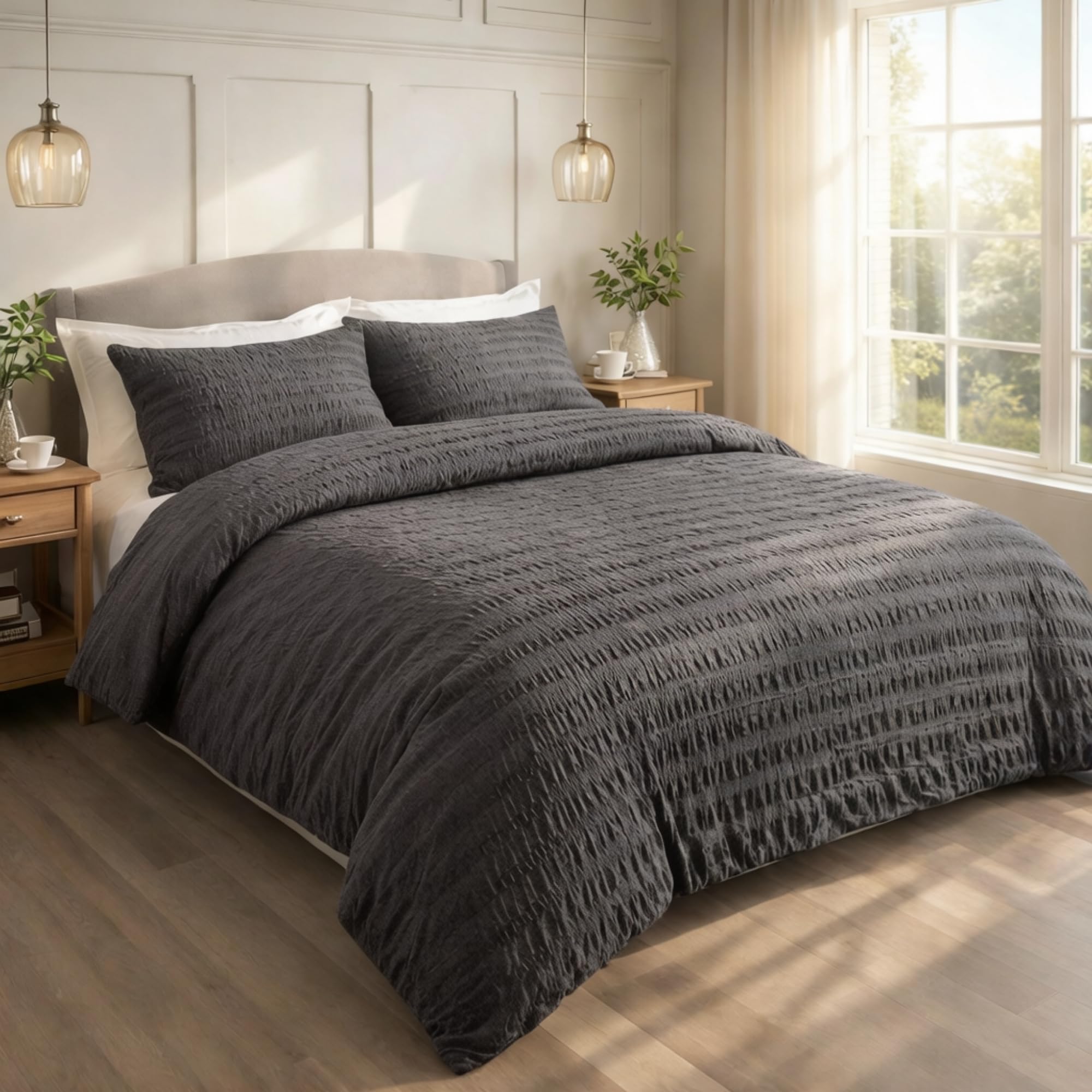 Seersucker Single Duvet Cover Set Charcoal with Pillowcase, Ultra Soft Brushed Microfiber Bedding Set, Breathable, Easy Care, Machine Washable Quilt Cover, Wrinkle Resistant, Multiple