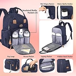 Dikaslon Diaper Bag Backpack with Portable Changing Pad, Pacifier Case and Stroller Straps, Large Unisex Baby Bags for Boys Girls, Multipurpose Travel Back Pack Moms Dads, Navy Blue