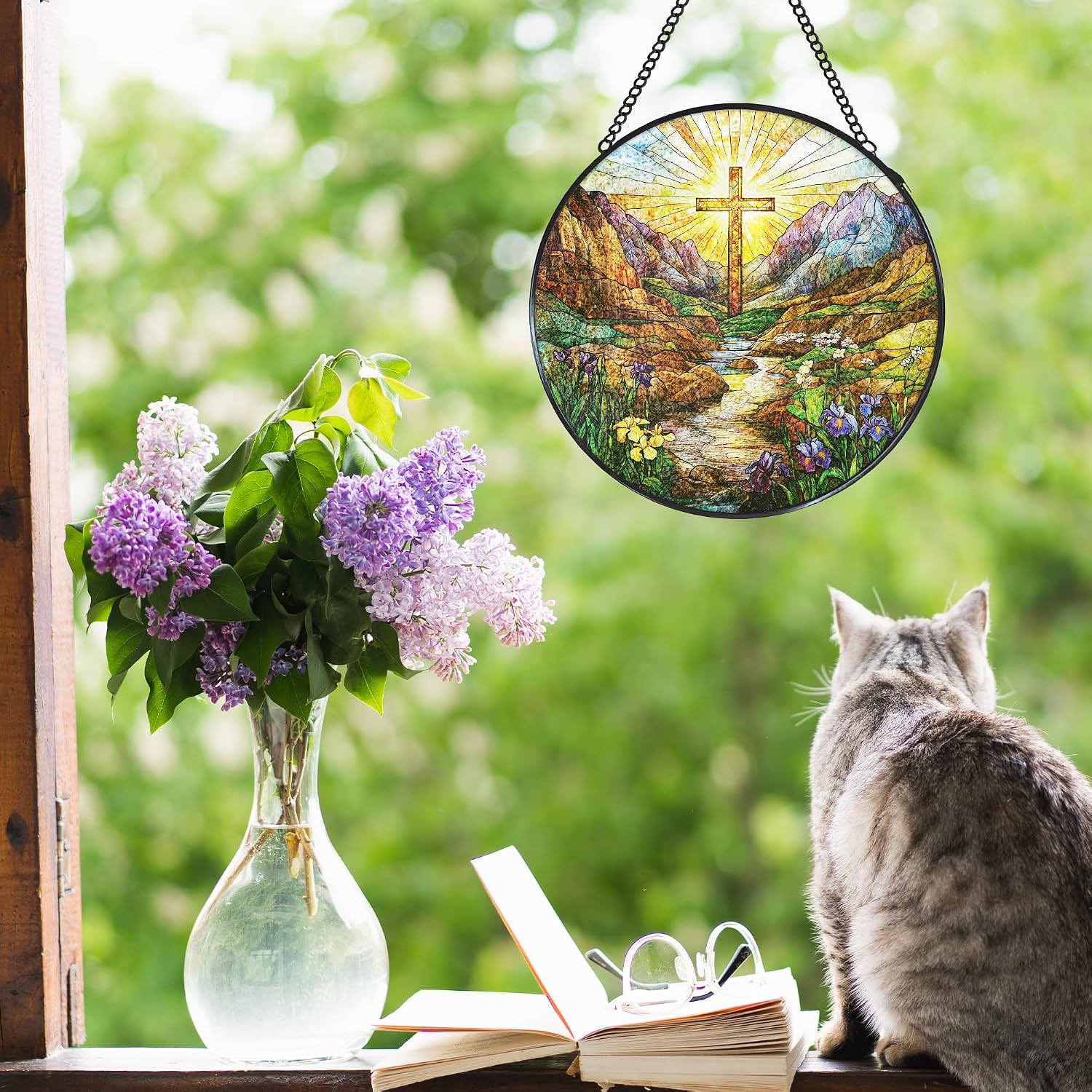 Cross Valley Wildflowers Stained Glass Window Hanging Suncatcher, Christian Sunset Sun Catcher Indoor Window Decor Gifts, Religious Painted Glass Round Wall Hanging Decorations 7.8x7.8 in