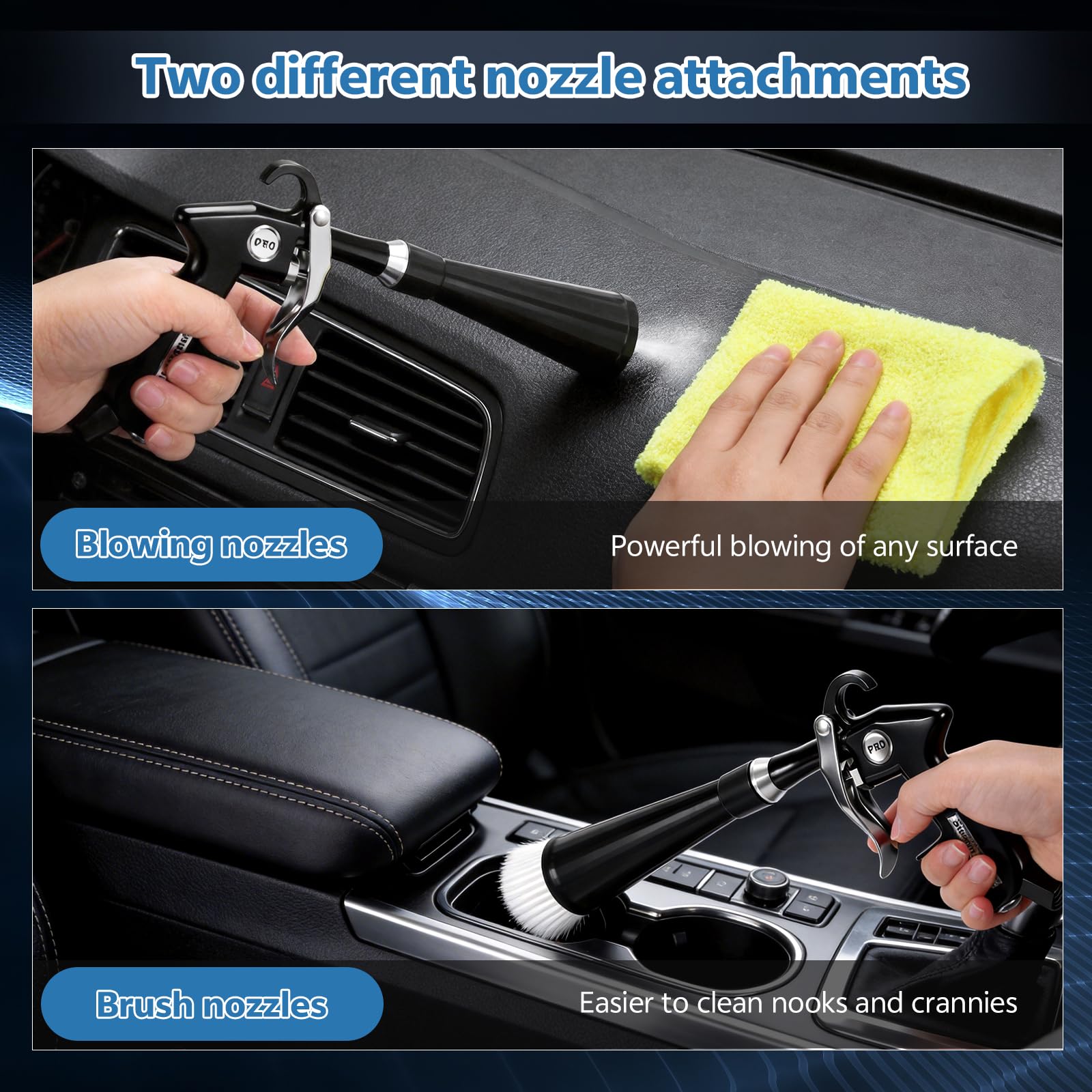 Zocipro Pistolet de Nettoyage à Air Comprimé pour Voiture, Pistolet de Séchage et Nettoyage, Outil de Détailing Auto avec 2 Buses, pour Sièges, Roues, Moteur, Tissu, Cuir et Zones Difficiles d’Accès