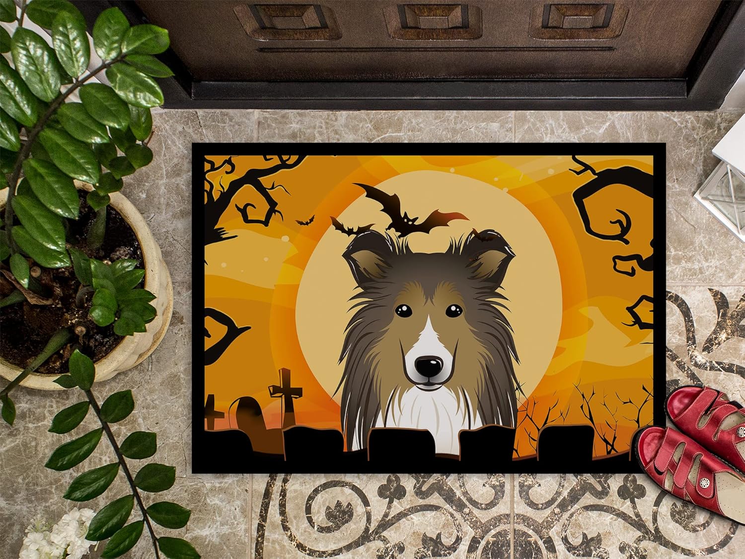 Caroline's Treasures BB1800JMAT Halloween Sheltie Doormat 24x36 Front Door Mat Indoor Outdoor Rugs for Entryway, Non Slip Washable Low Pile, 24H X 36W