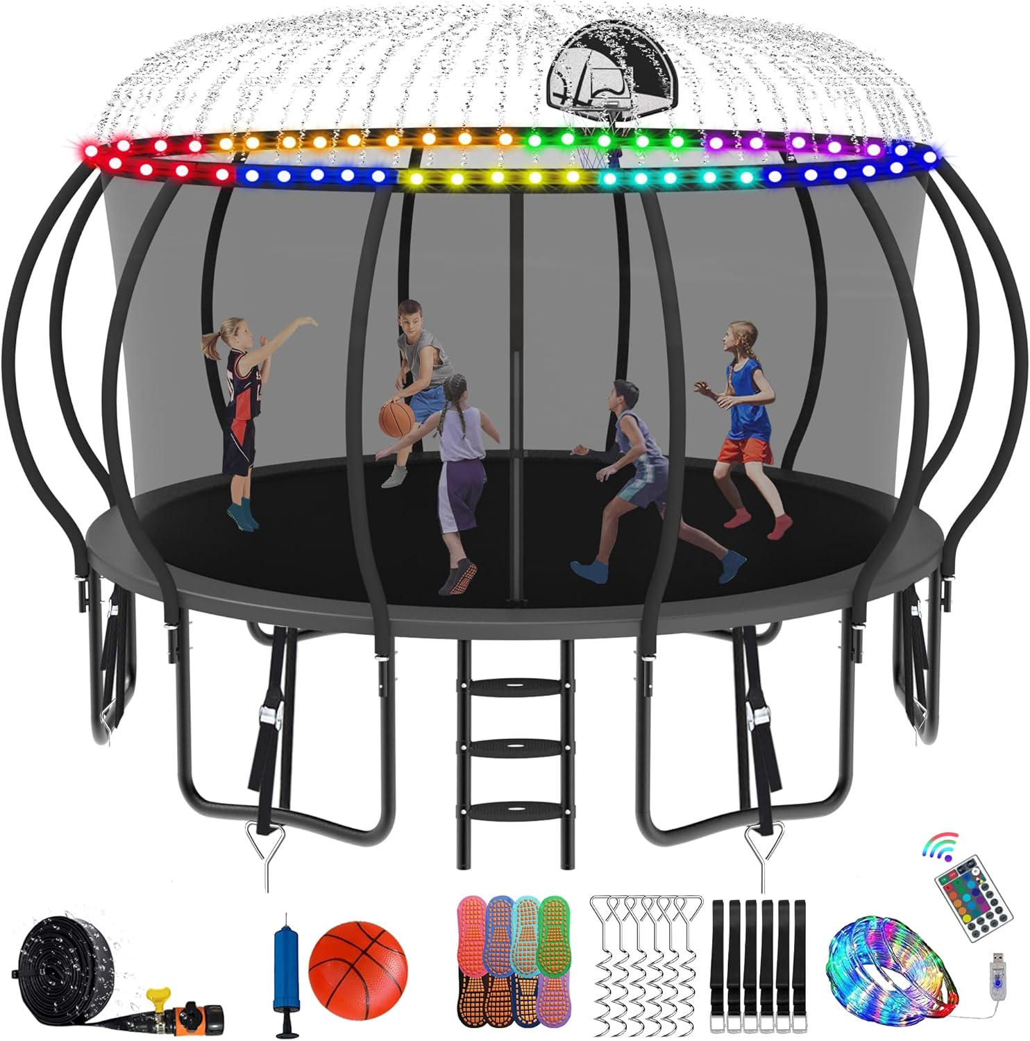 DeepRoar 2026 Upgraded 8/10/12/14/15/16FT Pumpkin Tranpoline for Kids, Heavy Duty 1500LBS Outdoor Tranpoline Set with Basketball Hoop, Light, Sprinkler & Socks, Recreational Trampolings, ASTM Approved
