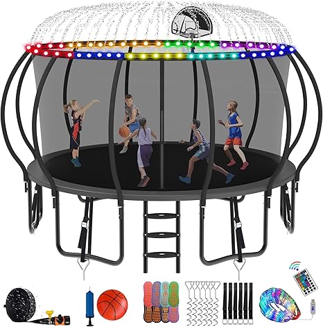 DeepRoar Tranpoline 8/10/12/14/15/16FT Pumpkin Tranpoline for Kids, Heavy Duty Outdoor Tranpolines with Basketball Hoop, Safety Enclosure Net, Light, Sprinkler, Socks, ASTM Approved