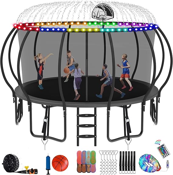 DeepRoar Tranpoline 8/10/12/14/15/16FT Pumpkin Tranpoline for Kids, Heavy Duty Outdoor Tranpolines with Basketball Hoop, Safety Enclosure Net, Light, Sprinkler, Socks, ASTM Approved
