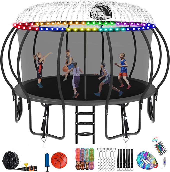 DeepRoar Tranpoline 8/10/12/14/15/16FT Pumpkin Tranpoline for Kids, Heavy Duty Outdoor Tranpolines with Basketball Hoop, Safety Enclosure Net, Light, Sprinkler, Socks, ASTM Approved
