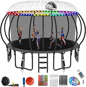 DeepRoar Tranpoline 8/10/12/14/15/16FT Pumpkin Tranpoline for Kids, Heavy Duty Outdoor Tranpolines with Basketball Hoop, Safety Enclosure Net, Light, Sprinkler, Socks, ASTM Approved