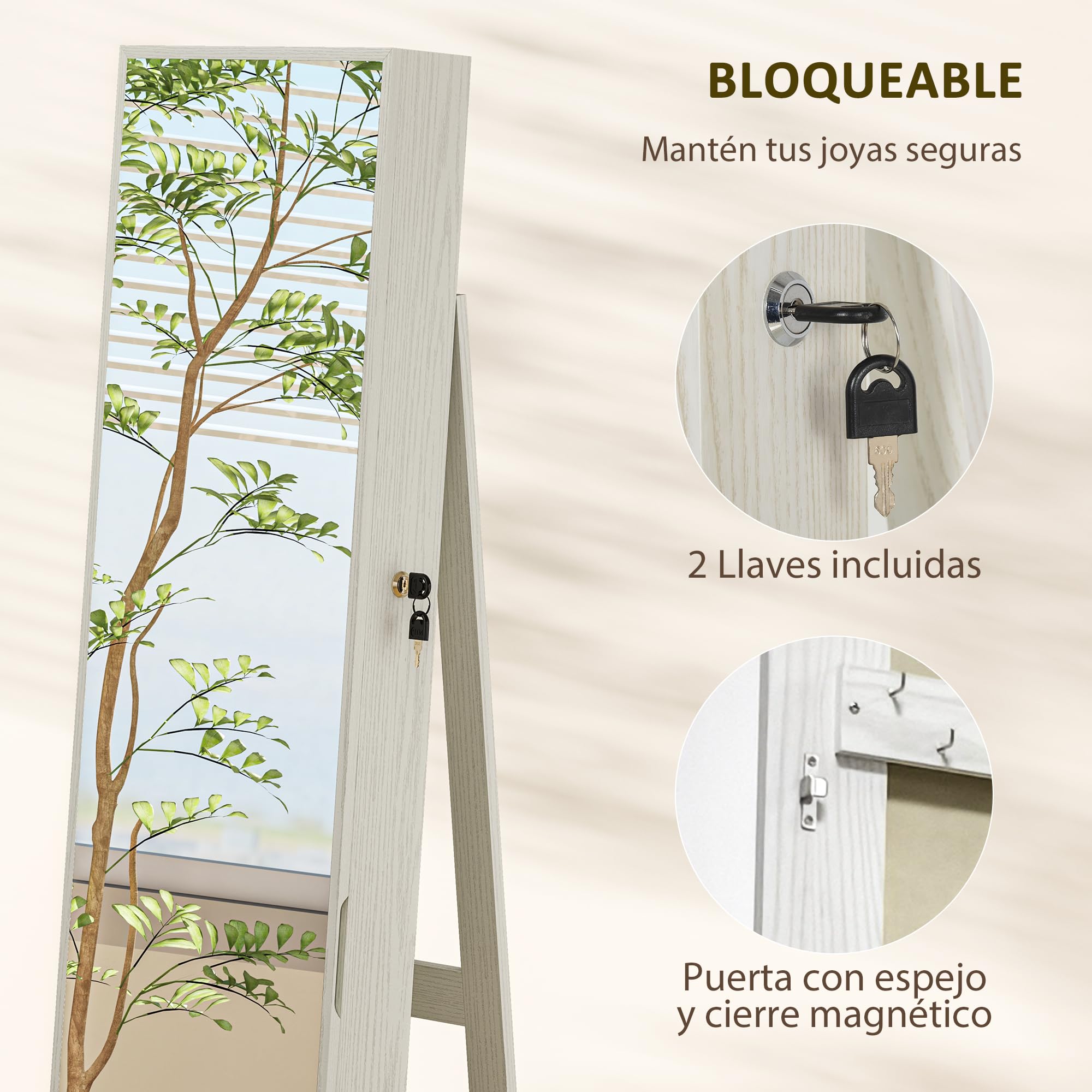 HOMCOM Espejo Joyero de Pie con Luces LED y Cerradura Armario de Joyas Blanco Veta Madera