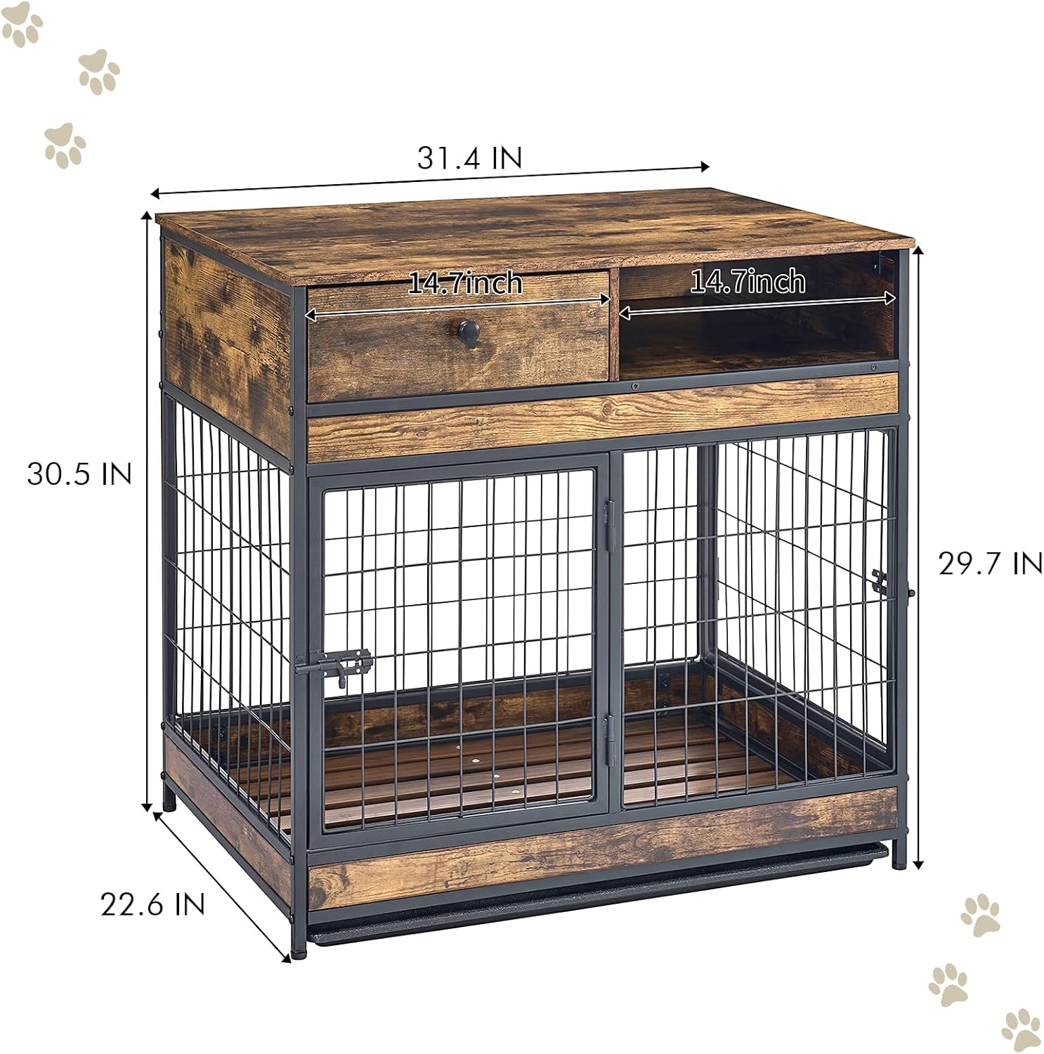 Dog Crate Furniture, Wooden Kennel Side End Table with Drawers & Multi-Purpose Removable Tray, Modern Double-Door Dog House Indoor Small to Large Dog