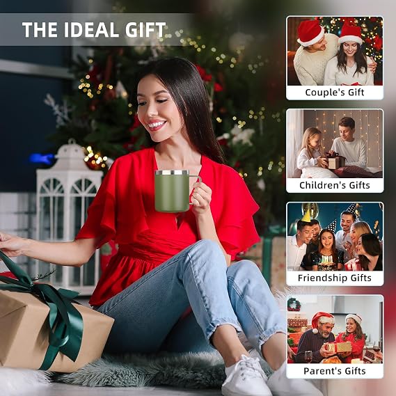 Volhoply 14oz Insulated Stainless Steel Coffee Mug with Leakproof Lid,Double Wall Vacuum Travel Coffee Cup with Handle,Reusable Metal Tumbler,Camping Mugs Keep Hot,Christmas Gifts(Army Green,1)