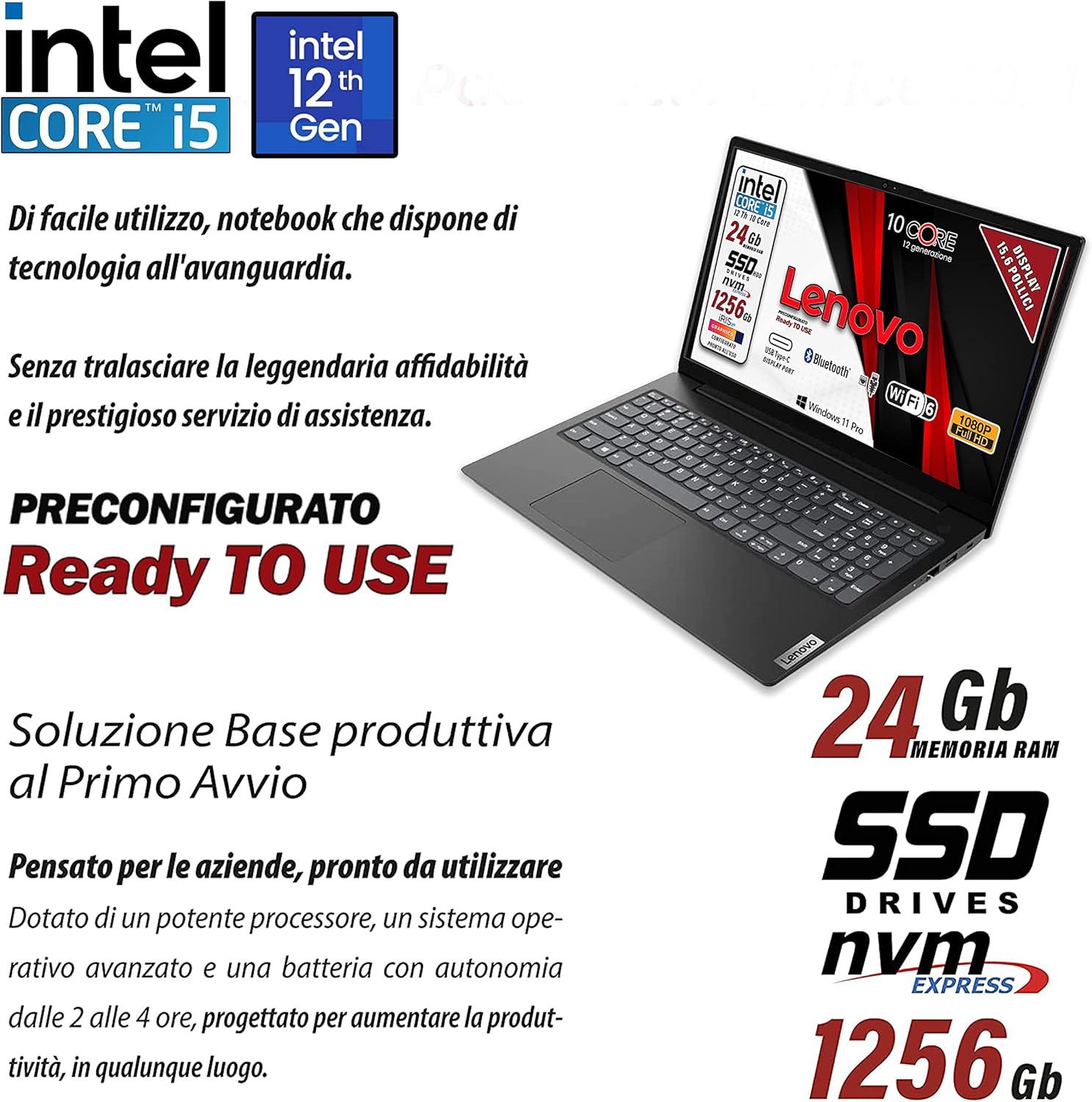 Lenovo, Pc portatile notebook, Cpu Intel i5 12Th, 1235U 10 Core, 24 Gb RAM, Full HD 15,6, SSD Nvme da 256 Gb + HDD DA 1000 Gb, Webcam, usb C, Win 11 Pro, pronto alluso, garanzia Italia