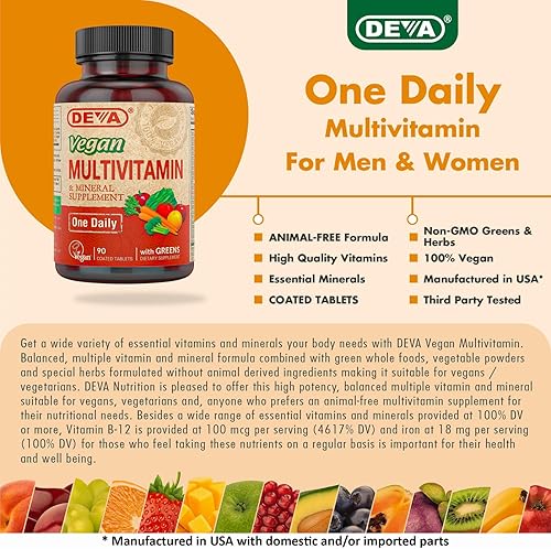 Miniatura 8 de Deva Suplemento multivitamínico y mineral vegano, fórmula vegana con alimentos enteros verdes, verduras y hierbas, alta potencia, fabricado en