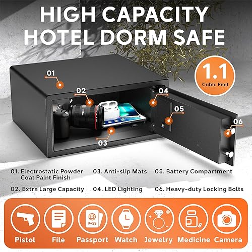Miniatura 4 de Caja fuerte para hotel de 1.1 pies cúbicos, caja fuerte de acero para documentos personales con cerradura biométrica estilo hotel, cerradura