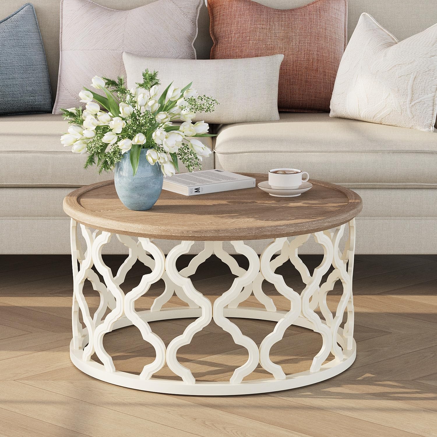 karlott farmhouse coffee table, french country round coffee table with distressed tray top, coastal coffee table with curved motif frame base, boho coffee table for living room, dining room, bedroom tray coffee table