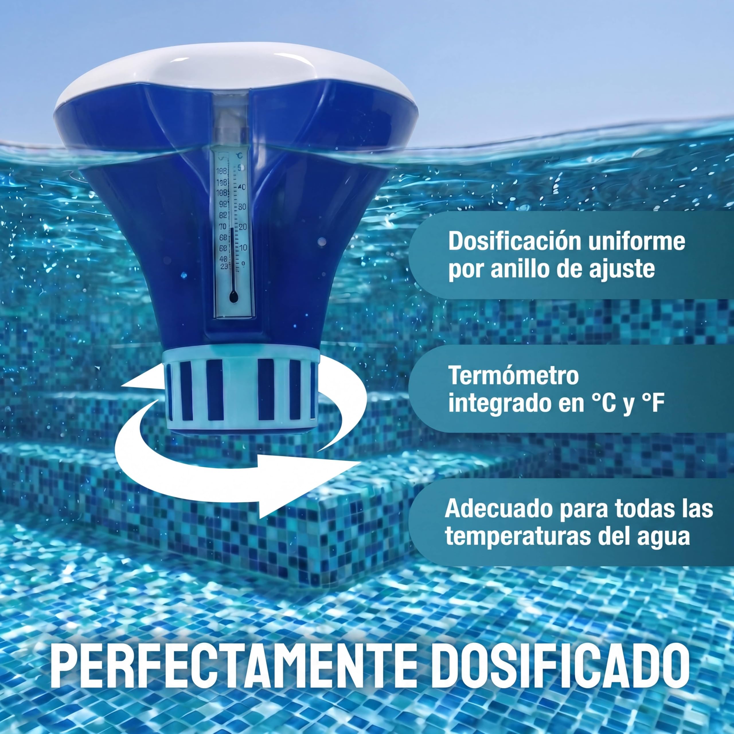 MONZANA® Dispensador Cloro Piscina para Tabletas de 20-200 g Incluye 150 Tiras Reactivas 3 en 1 PH Dosificador Flotante con Termómetro Resistente Rayos UV Duradero