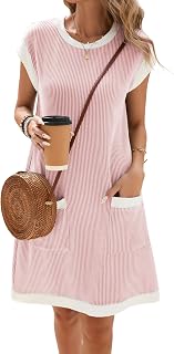 Famulily Damen-Sommerkleid, Freizeitkleid, Farbblock, V-Ausschnitt, Strandkleid mit Taschen, S-XXL