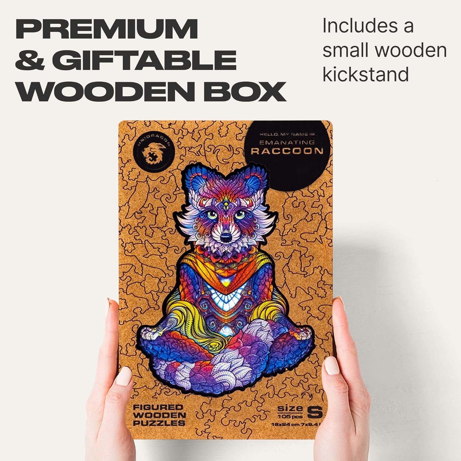UNIDRAGON Original Wooden Puzzle – Emancipatory Raccoon, 105 Pieces, Small 7 x 9.4 Inches (18 x 24 cm) Beautiful Gift Packaging, Unique Shape Best Gift for Adults