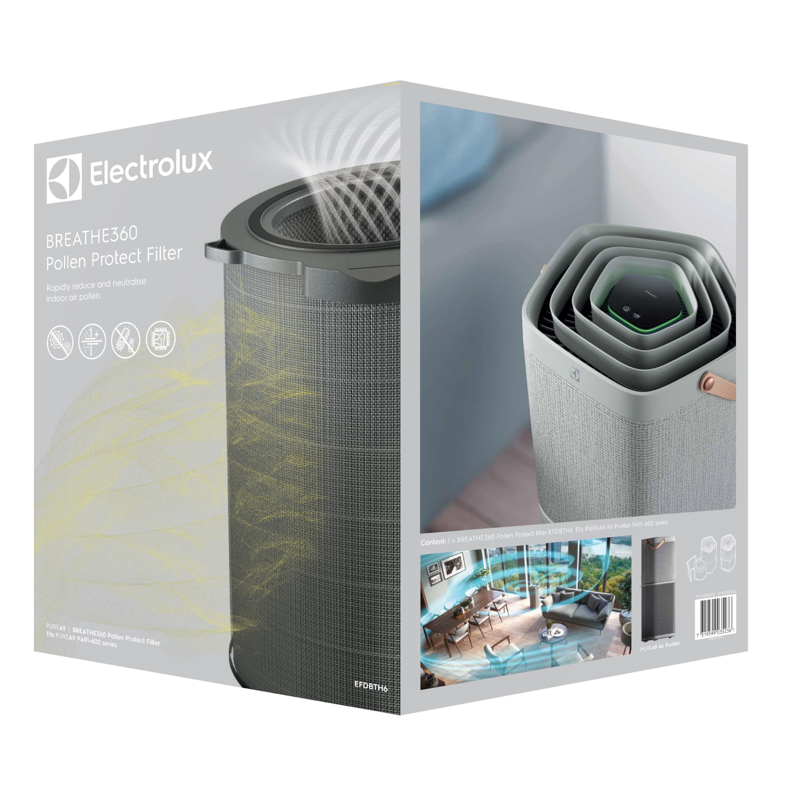 Electrolux EFDBTH6 Filtr antyalergiczny BREATHE360 (pasuje do Pure A9 PA91-60…) Wysoka filtracja pyłków idealna dla alergików, czyste powietrze, doskonała filtracja, długa żywotność