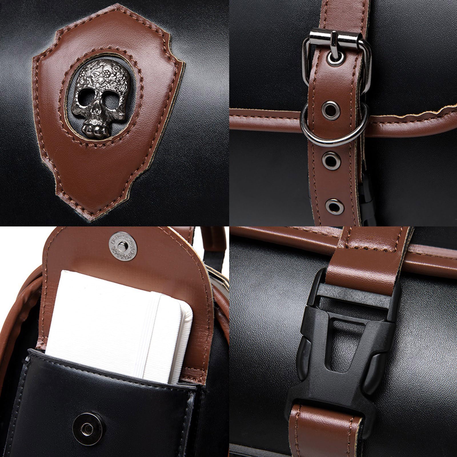 Sac à outils de moto avec 2 sangles en cuir PU Sac de rangement de bagages Style rétro Grande capacité pour Voyage Noir