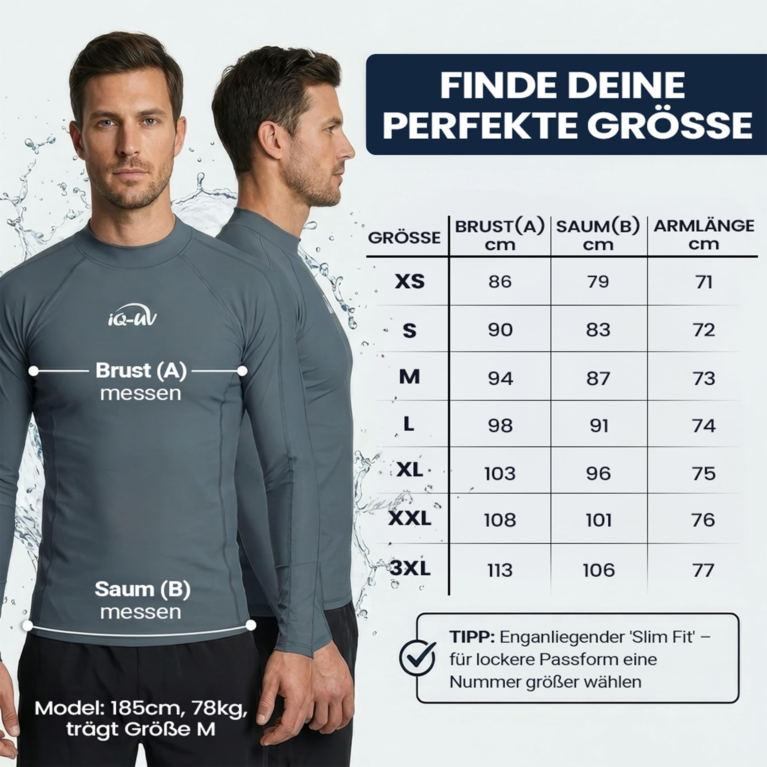 iQ-UV Shirt Herren Langarm Slim Fit – Rashguard für Herren mit Sonnenschutz zum Schwimmen, Surfen & Wassersport – Schwimmshirt Männer – Atmungsaktiv und schnelltrocknend