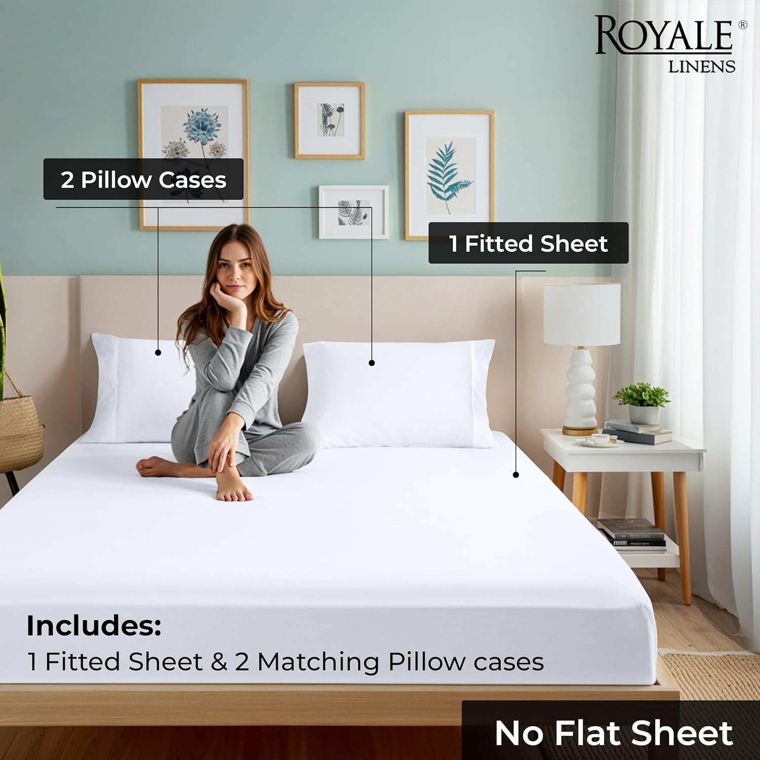 ROYALE LINENS Fitted Sheet with Pillowcases - Queen Fitted Sheets with 2 Pillowcases - 300 Thread Count 100% Organic Cotton - Fits Mattress Up to 18" Deep - Soft & Breathable - White (No Flat Sheet) - Image 2