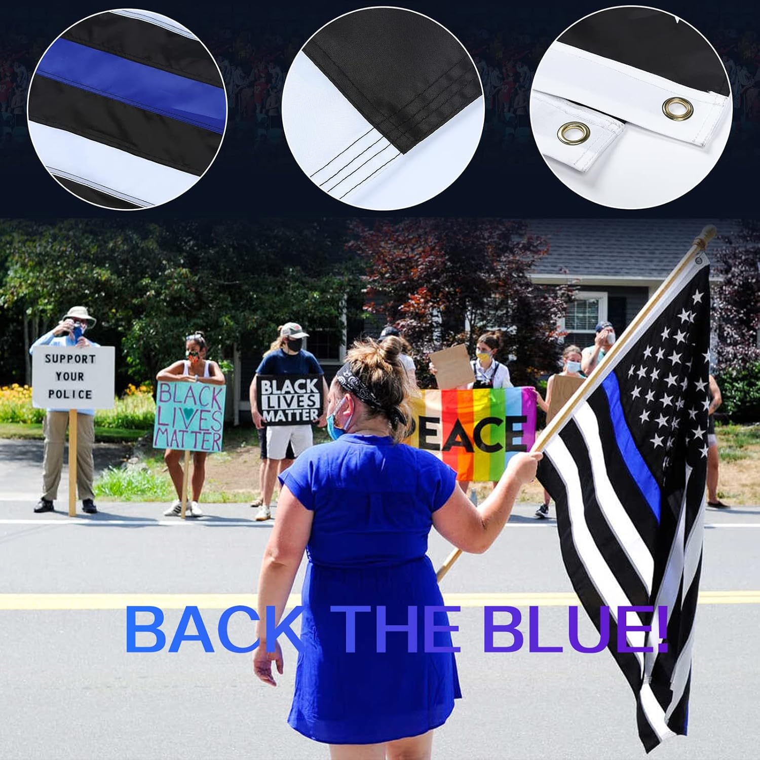 Thin Blue Line Flags 4x6 FT Outdoor Heavy Duty, Black and Blue American Police Flag Honoring Law Enforcement Officers, Embroidered Stars - Sewn Stripes - Brass Grommets - UV Protection