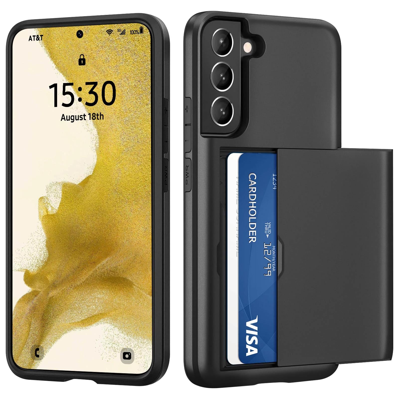 Cover per Samsung Galaxy S22 con Porta Carte Custodia Portafoglio Antiurto Anti-Graffio Resistente Grado Militare Protettiva Slot Nascosto Scorrevole Case, Nero