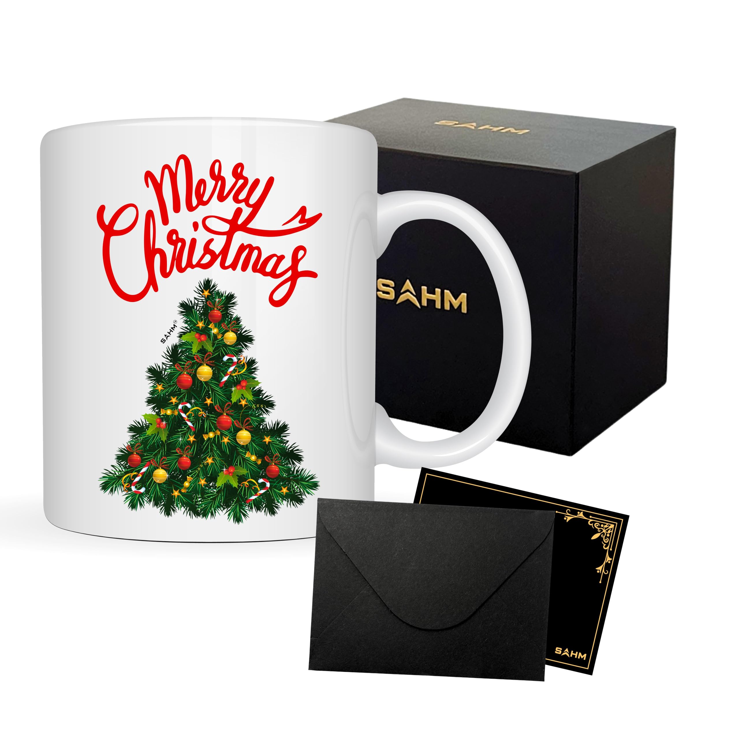 SAHM Christmas Coffee Mug featuring beautiful Christmas tree design with Merry Christmas message Comes packed in gift box including greeting card Great Christmas gift idea for loves ones