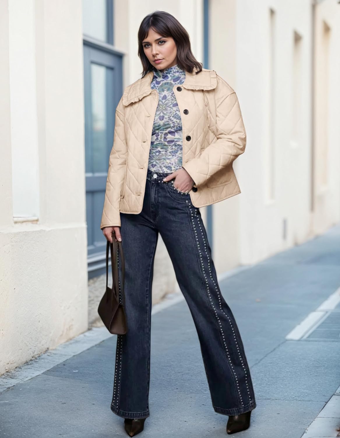 Women's Ruffle Collar Quilted Lightweight Puffer Jacket Long Sleeve Casual Cardigan Padded Coat for Autumn Winter - Image 3