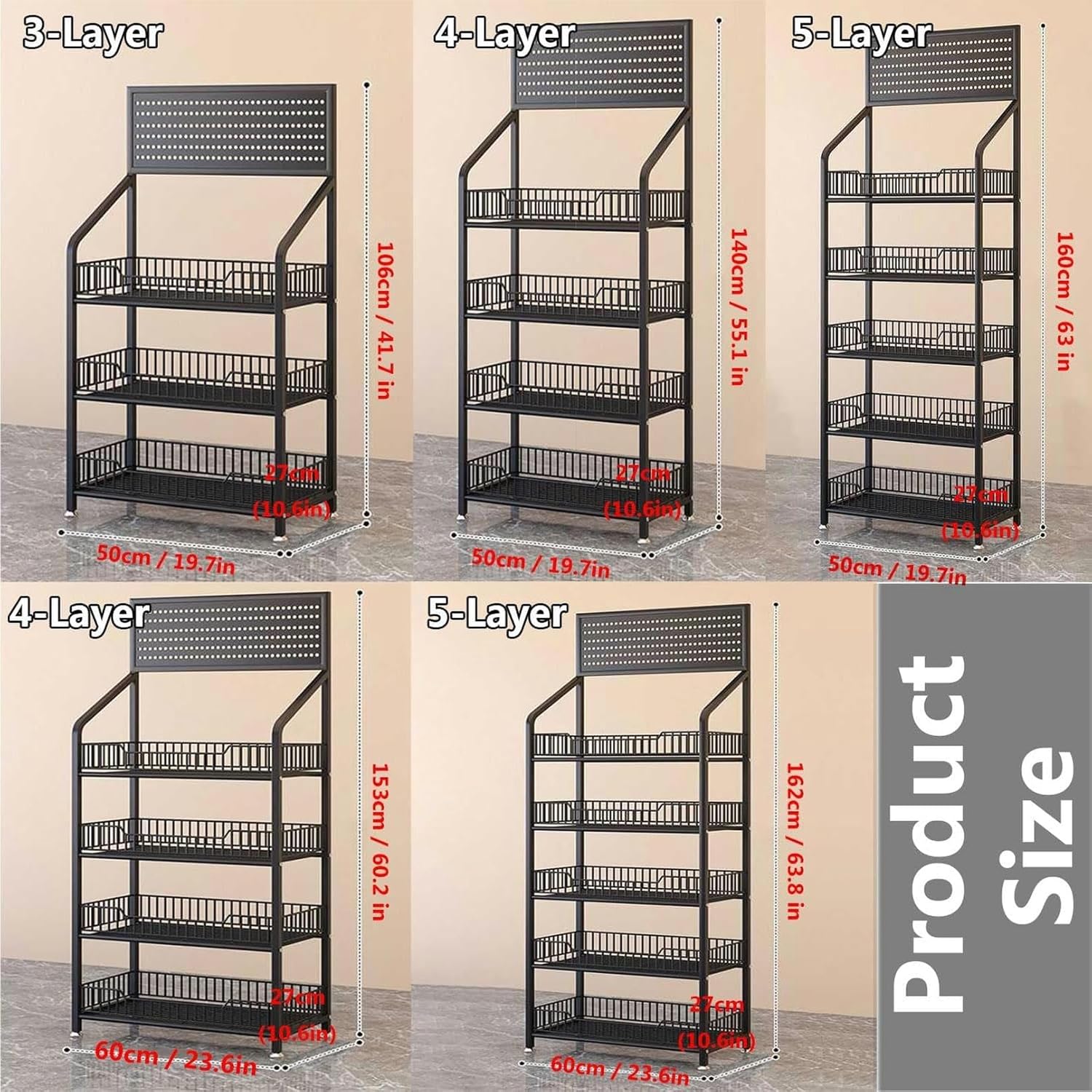 Supermarket Shelf Display Rack, Utility Shelves with Removable Hook, Black/White Retail Display Racks for Chips Snacks Packaged Foods Boxes Cans Beverage Beer, 4 Tiers 60cm