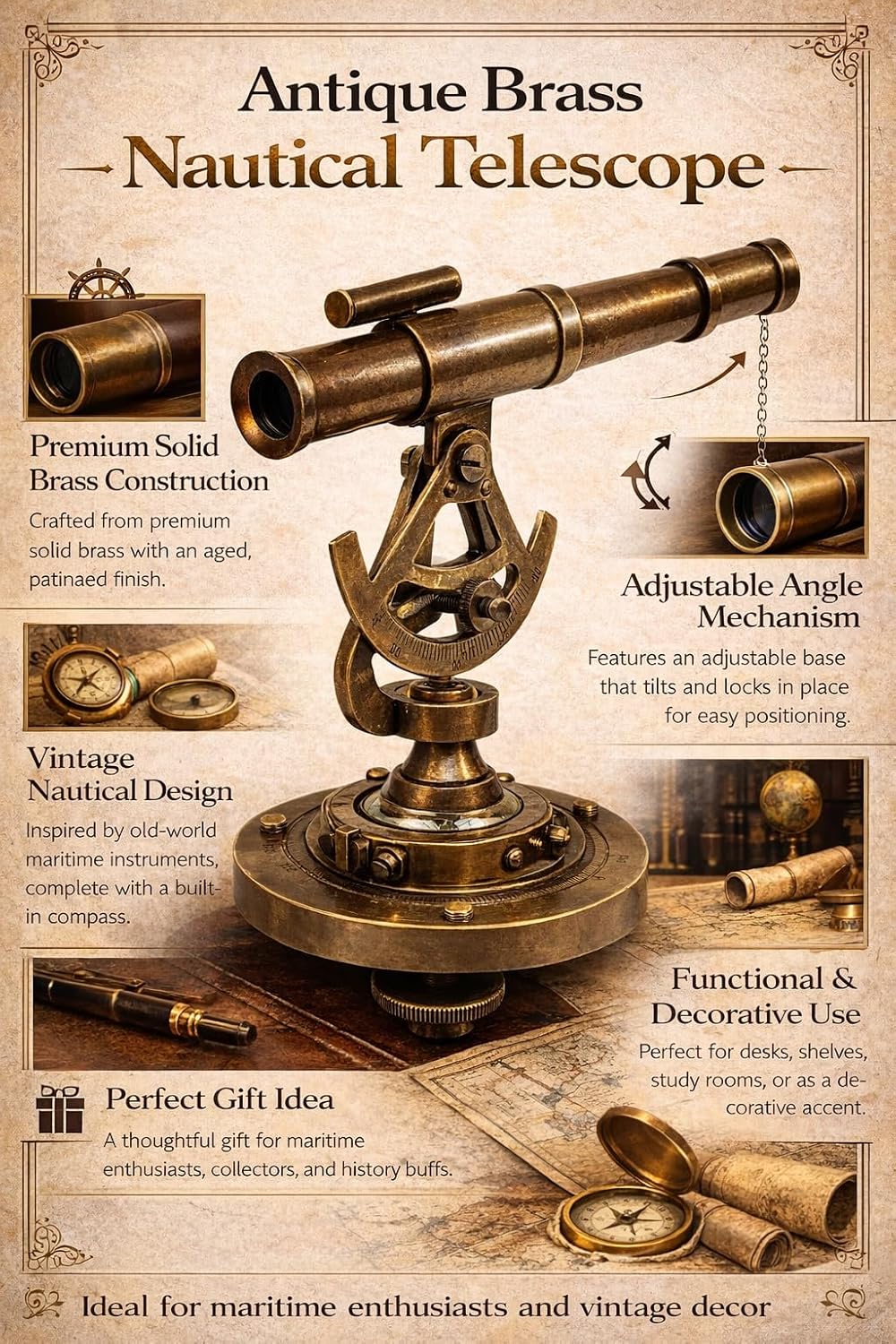 Antique Brass Alidade Telescope with Compass Survey Instruments Alidate Home/Office Table Decor