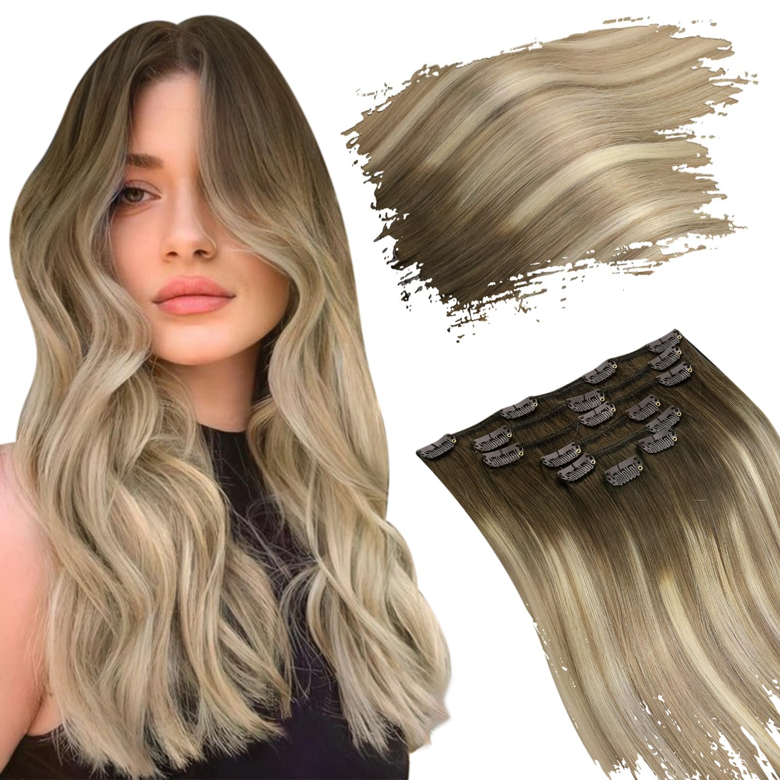 Ugeat Balayage Clip in Hair Extensions Brown Real Human Hair Extensions Clip ins Light Brown Mix Blonde Ombre Clip on Extensions Human Hair Softness