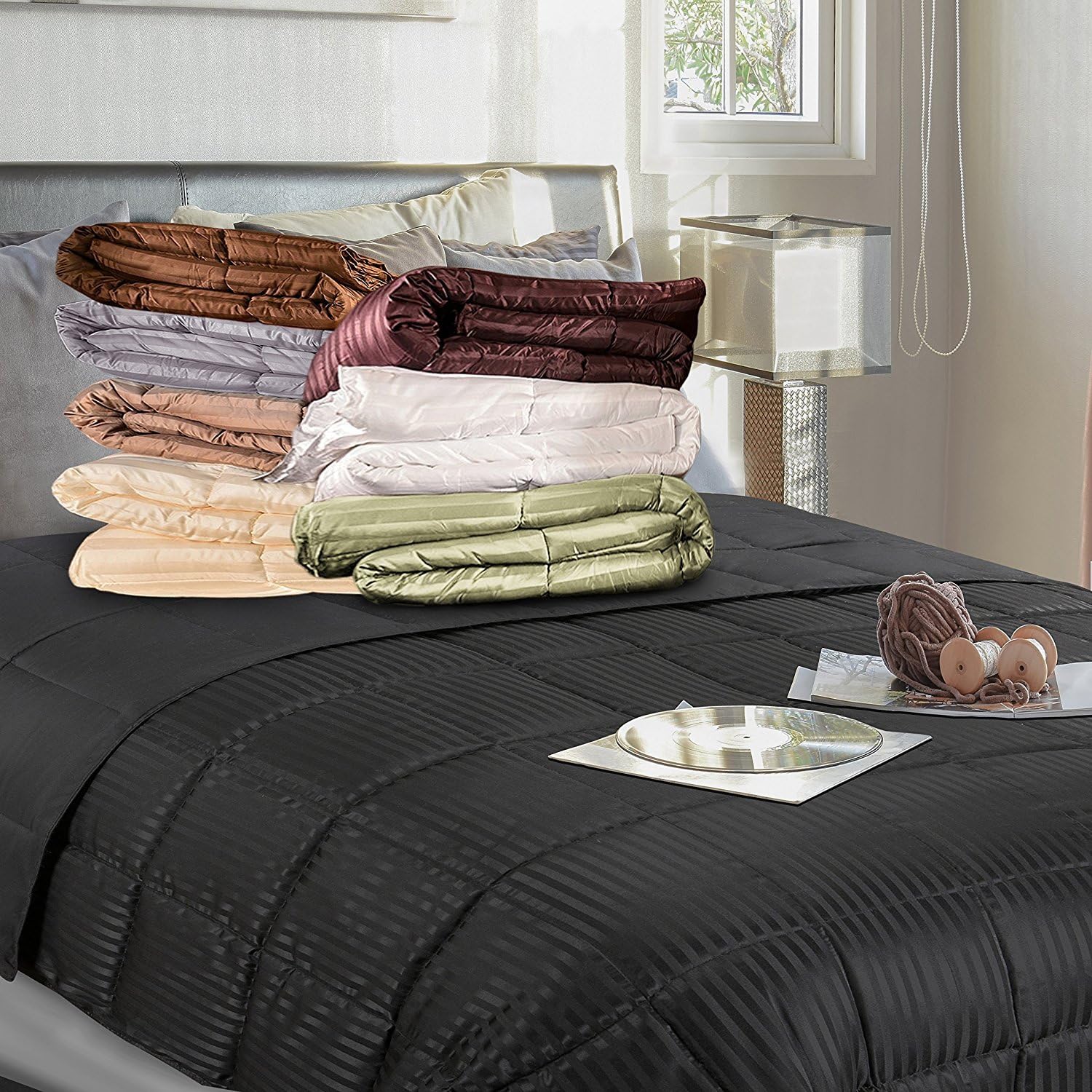 All-Season Down Alternative Comforter, Microfiber Duvet Insert, Hypoallergenic, Medium-Fill Weight, Plush and Reversible, Box Stitched, Oversized, Stripe, 68" x 90", Twin, Plum by Blue Nile Mills