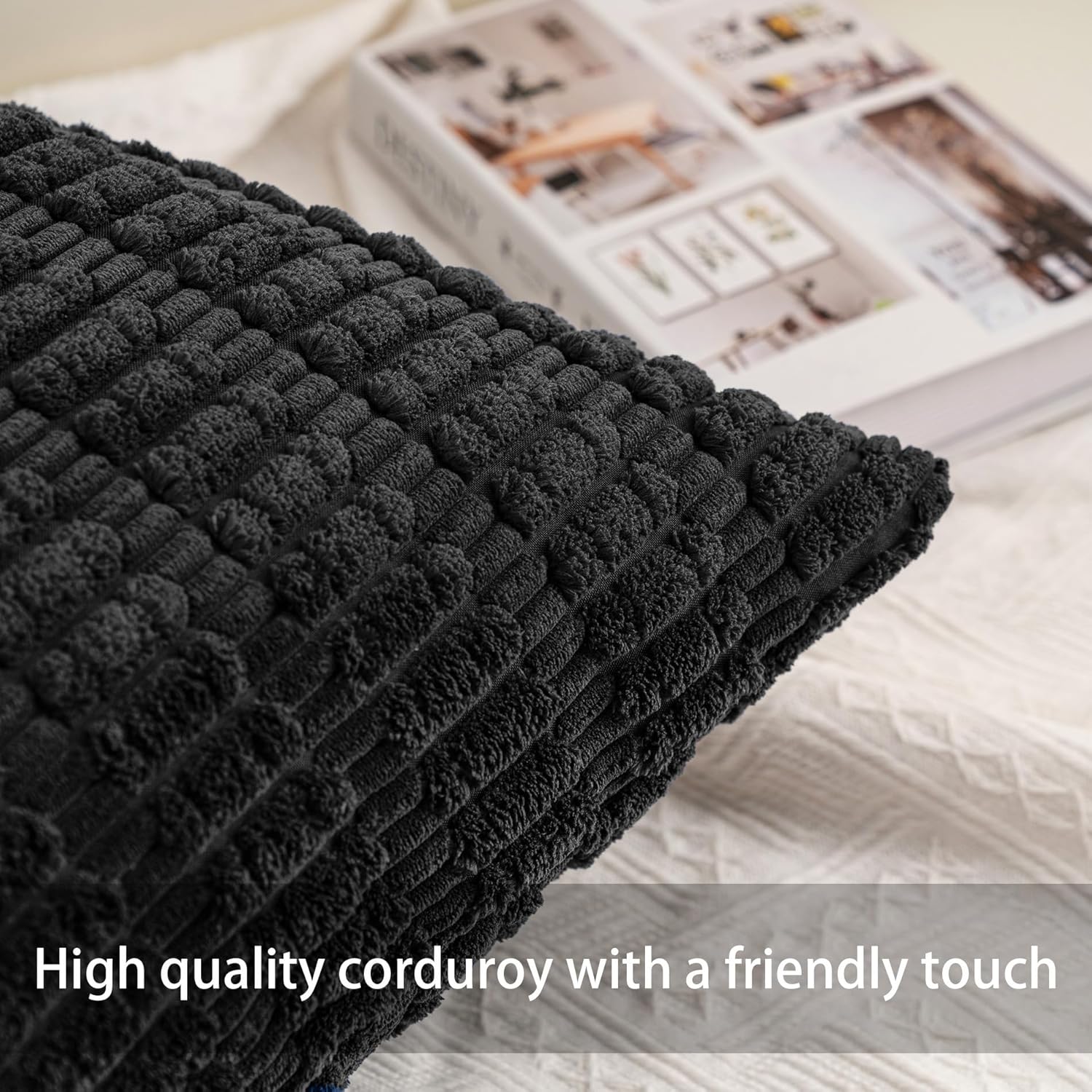 Pack of 2 Corduroy Decorative Throw Pillow Covers 20x20 InchSoft Striped Pillow Covers Modern Farmhouse Home Decor for Sofa Living Room Couch Bed(Black) - Image 2
