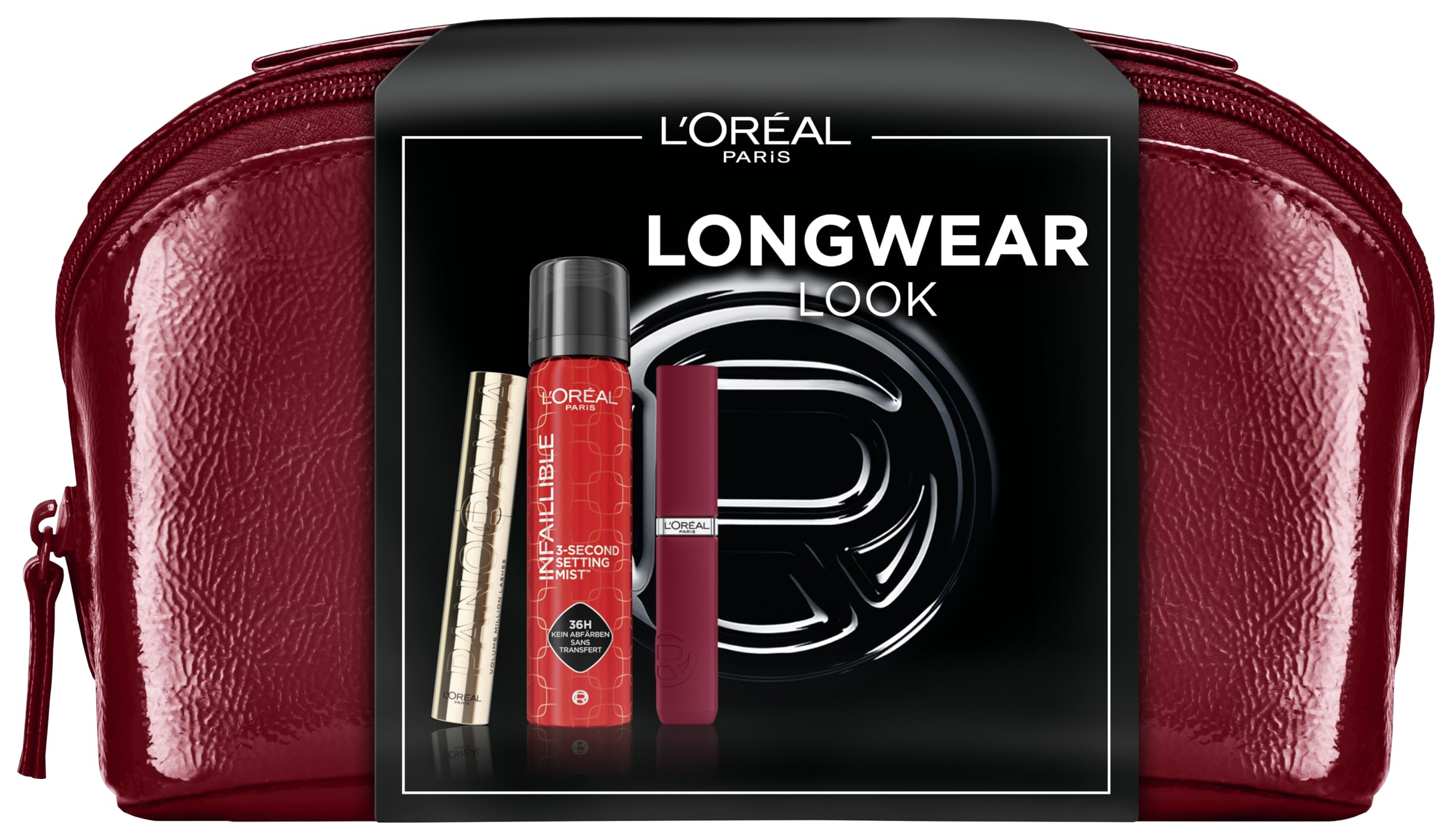 L'Oréal Paris Longwear Look Geschenkset: Panorama Mascara, Infaillible Matte Resistance, 3-Second Setting Mist & luxuriöse Beauty Bag, Für strahlende Schönheit und Longwear Look, 4-teilig
