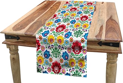 Ambesonne Camino de mesa de arte popular polaco, motivo floreciente con flores y hojas coloridas de la región de Kaszuby, alfombra rectangular de