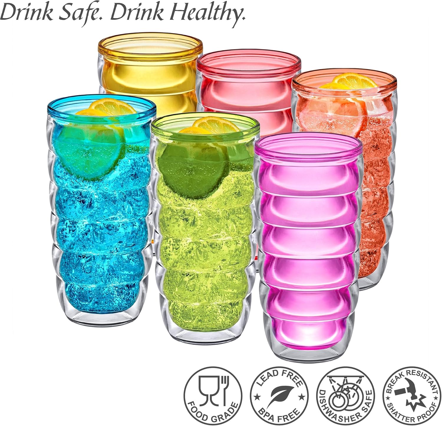 Amazing Abby - Arctic - 24-Ounce Insulated Plastic Tumblers (Set of 6), Double-Wall Plastic Drinking Glasses, Mixed-Color Reusable Cups, BPA-Free, Shatter-Proof, Dishwasher-Safe - Image 5