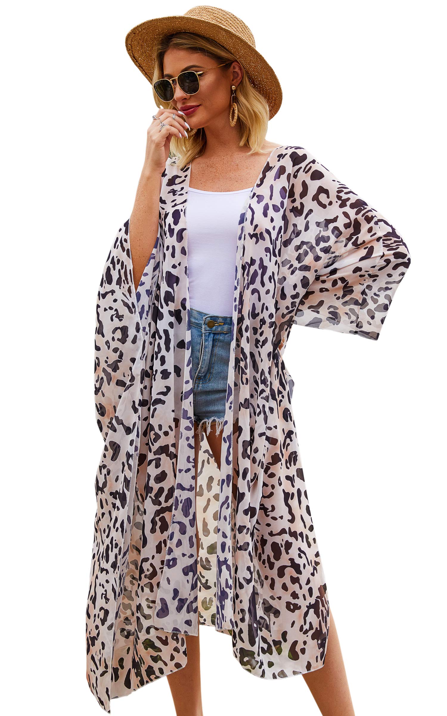 Hibluco Womens Long Floral Kimono Printed Cardigan Sheer Swimsuit Cover Ups