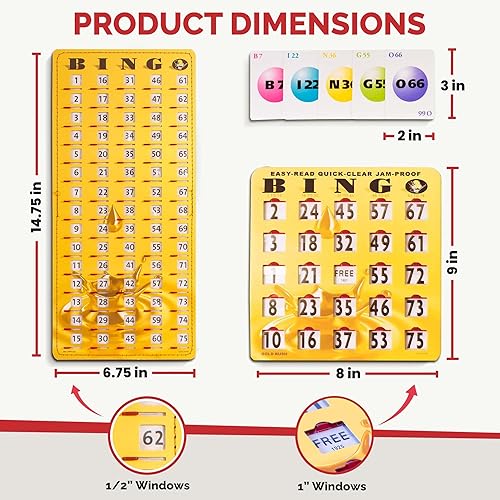 Miniatura 35 de MR CHIPS Tarjetas de bingo a prueba de atascos con ventanas deslizantes, 25 tarjetas de obturador de bingo reutilizables, 75 tarjetas de llamadas