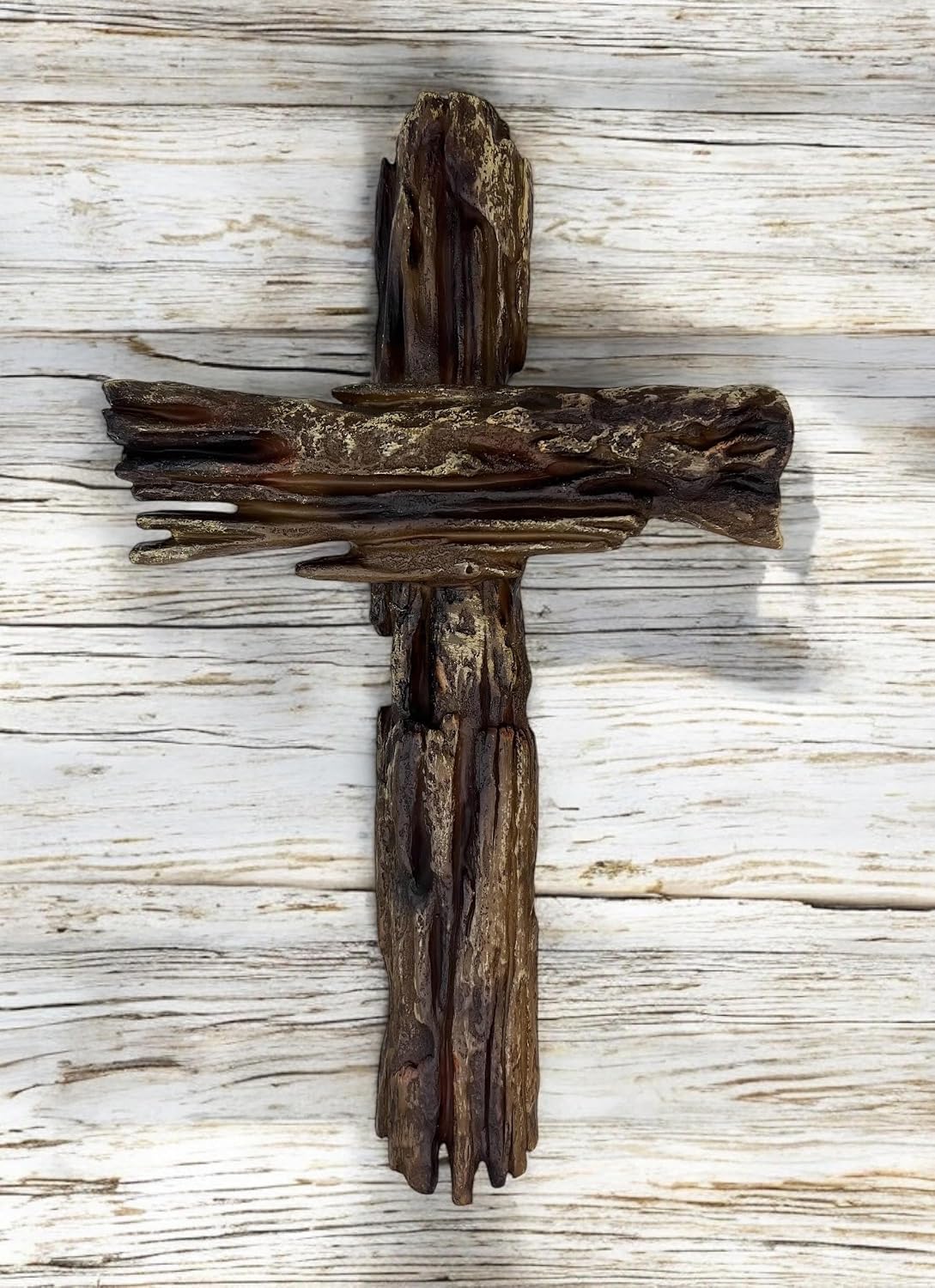 Top Brass 12” Simple Rustic Driftwood Inspired Resin Wall Cross – Faithful Symbol of Christ’s Love – Jesus Art Décor Sculpture