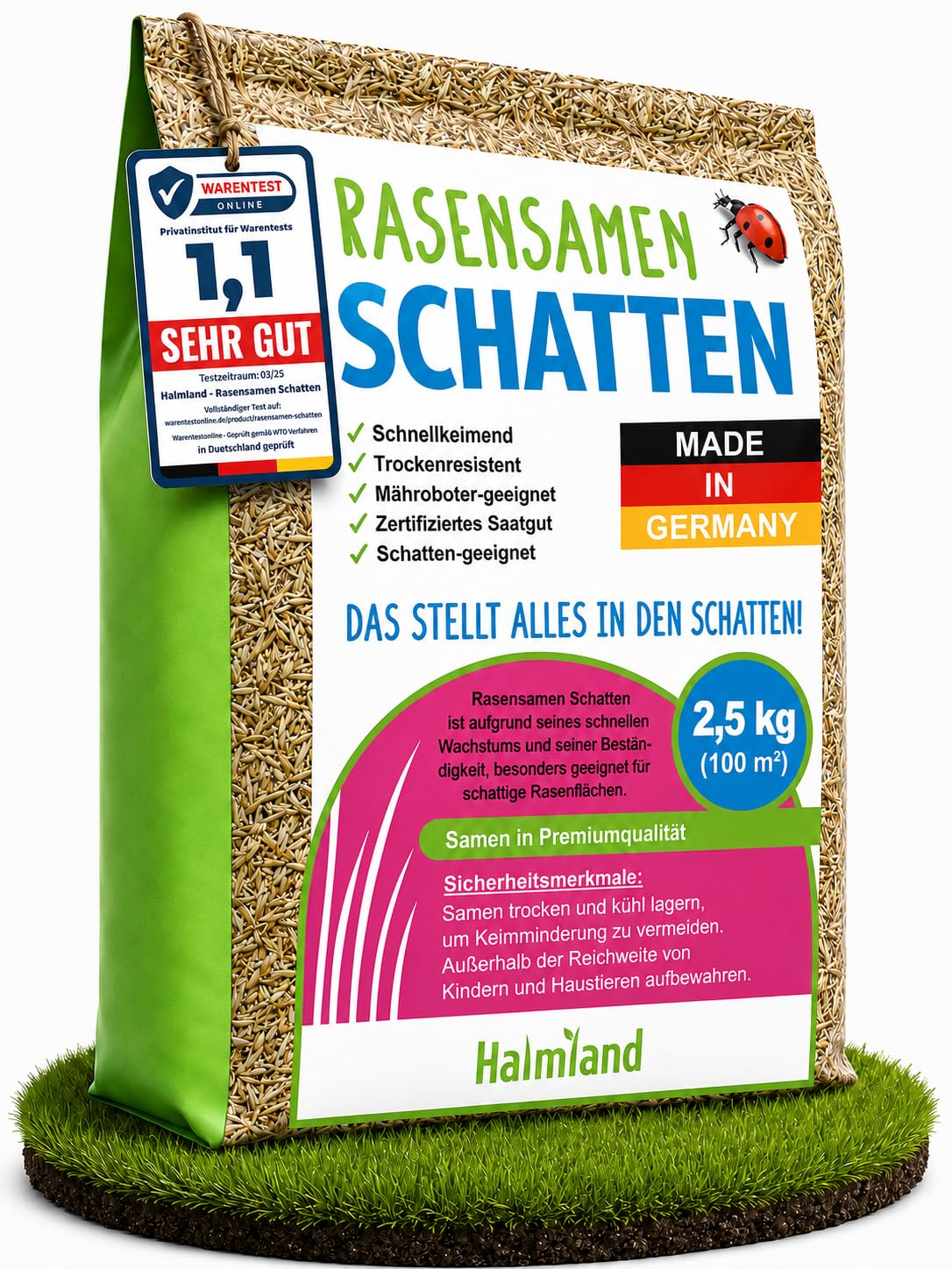 halmland® Nasiona trawy w cieniu, szybko kiełkujące, 2,5 kg na 100 m², trawa premium do obszarów zacienionych – nasiona trawy odporne na suszę wiosną – Made in Germany – nasiona trawy w cieniu
