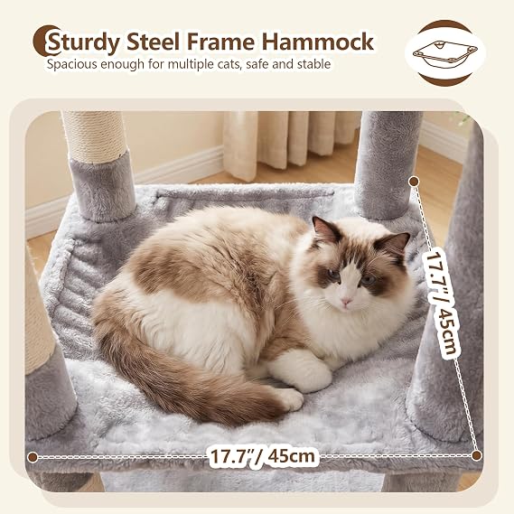 Heybly Cat Tree, 135cm Corner Stable Cat Tower for Large Indoor Cats, Well-Structured Cat Condo with Fan-Shaped Top Perch, Cozy Condo, Sturdy Base, Basket & Hammock,Light Gray HCT029W
