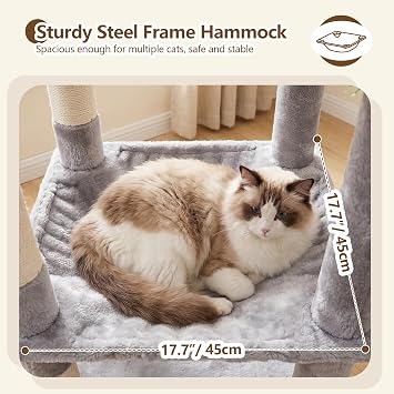 Heybly Cat Tree, 135cm Corner Stable Cat Tower for Large Indoor Cats, Well-Structured Cat Condo with Fan-Shaped Top Perch, Cozy Condo, Sturdy Base, Basket & Hammock,Light Gray HCT029W