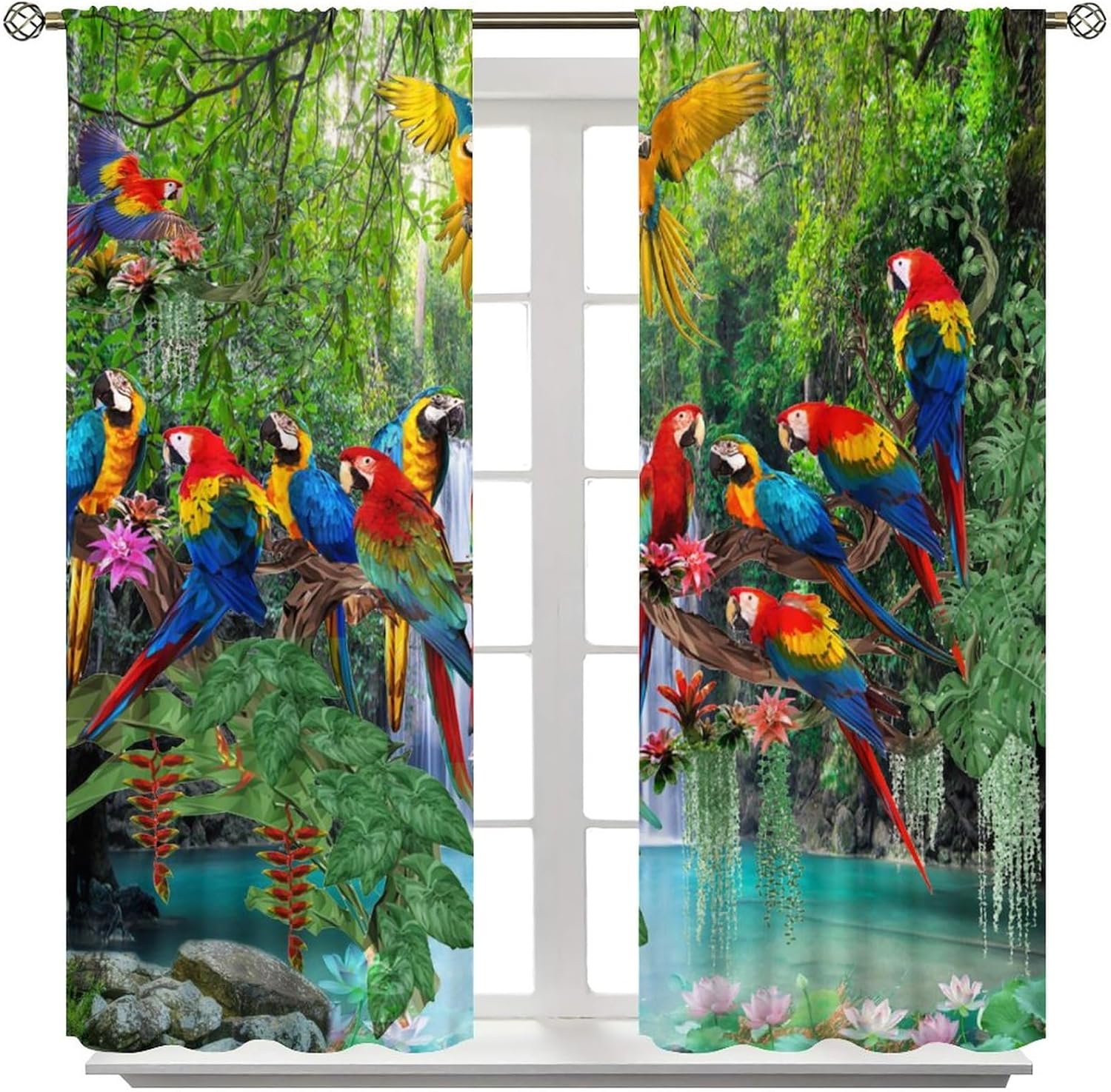 Summer Beach Parrot Blackout Curtains for Living Room,Tropical Jungle Waterfall Palm Leaf Colorful Parrot Room Darkening Window Curtains with Rod Pocket - 2 Panels 45" L x 21" W