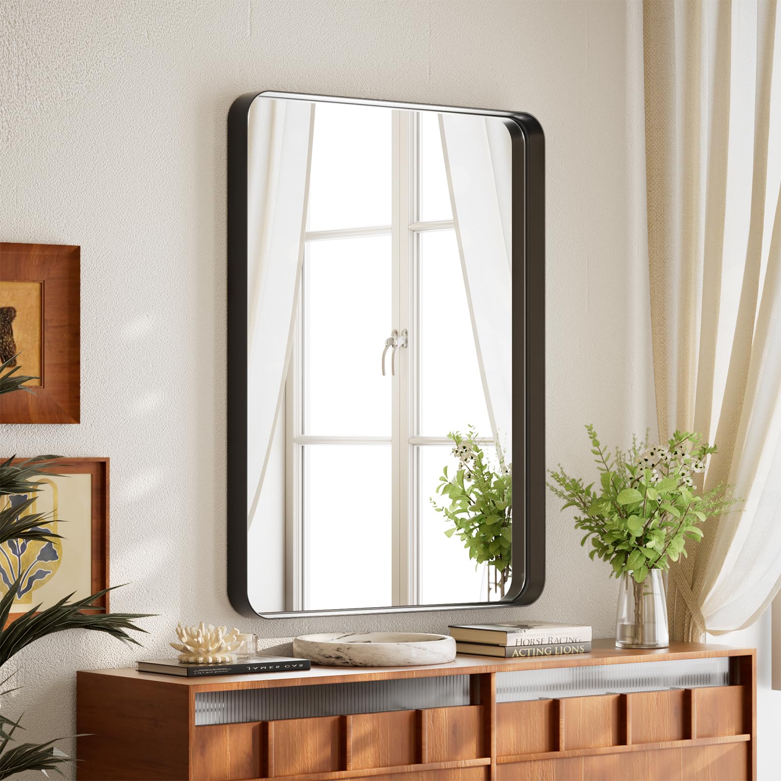 BEAUTYPEAK 20" x 30" Wall Mounted Vanity Mirror, Deep Frame, Nano-strengthened Glass, ShatterVue Technology, Black
