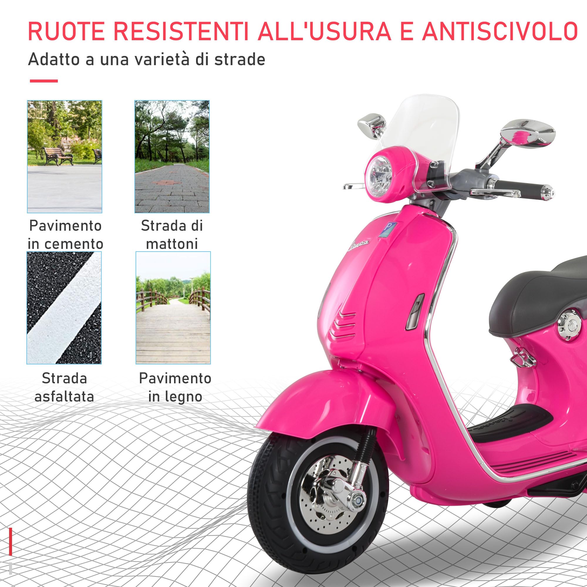 HOMCOM Vespa Elettrica per Bambini con 2 Rotelle, Luci e Suoni, Moto Elettrica per Bambini 3+ Anni, Moto Giocattolo in PP e Acciaio, 108x49x75 cm, Rosa